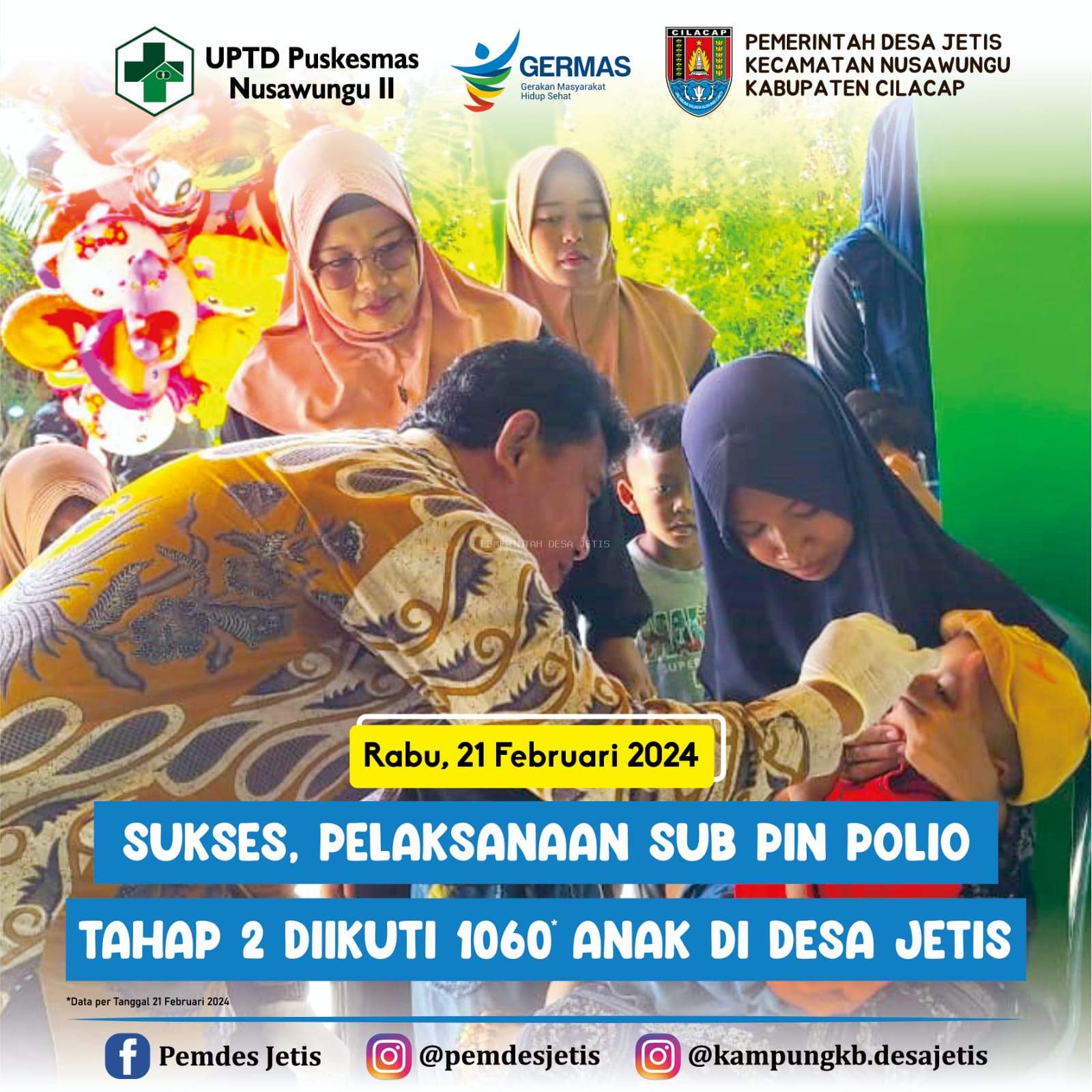 PELAKSANAAN SUB PIN POLIO TAHAP 2 DIIKUTI 1060 ANAK DI DESA JETIS